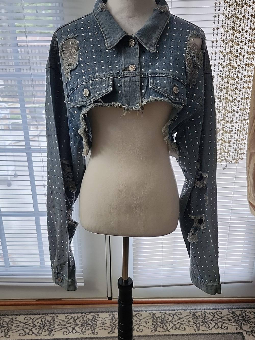 Studded Distressed Cropped Denim Jacket - Dark Blue